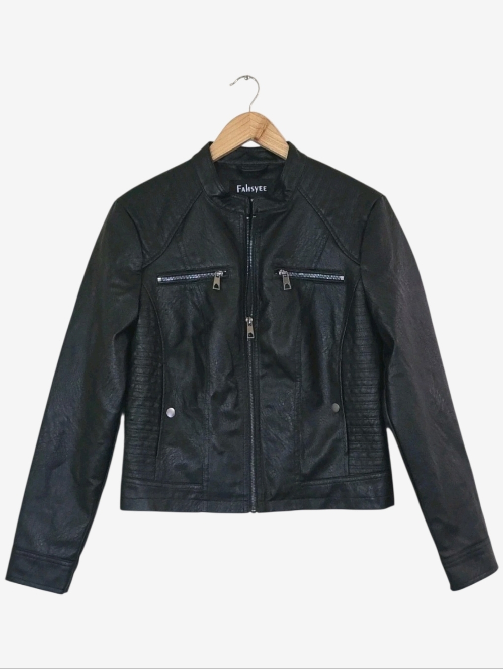 Fahsyee Faux Leather Moto Jacket Womens Medium Black Biker Zip Cropped